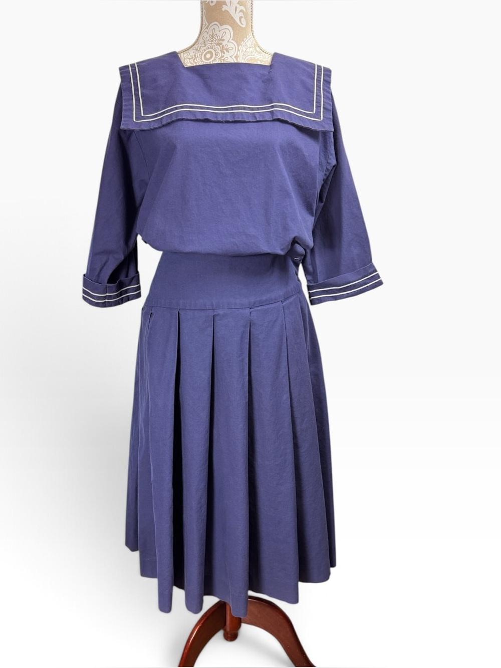 Vintage 1980s Laura Ashley Navy Blue Cotton Sailor Skirt Top 10 M Great Britain